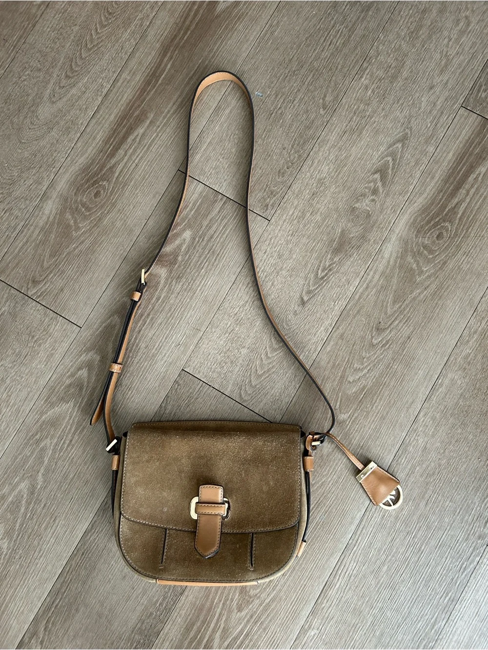 Classic Brown Suede Crossbody Bag with Tan Trim